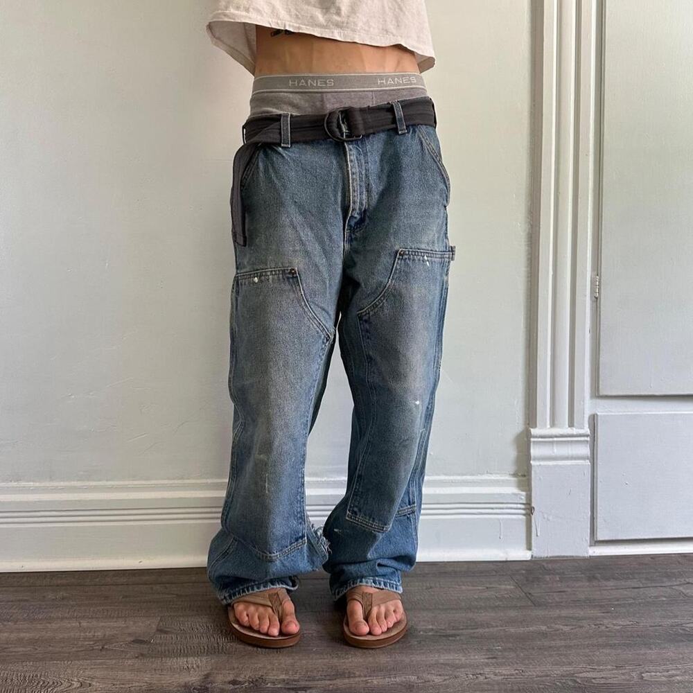 Vintage Thrashed USA Carhartt Blue Denim Double Knee Carpenter Work Pants Jeans